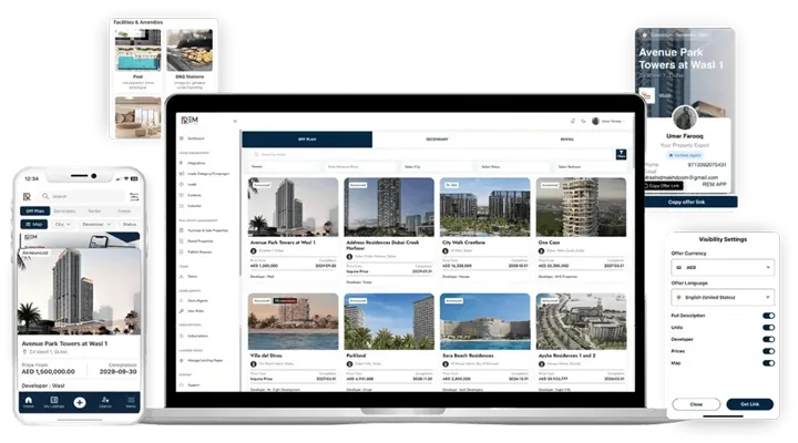 REM CRM interface shown across laptop and mobile devices, displaying off-plan real estate listings, agent profiles, visibility settings, and AI-powered property management tools for Dubai agents.