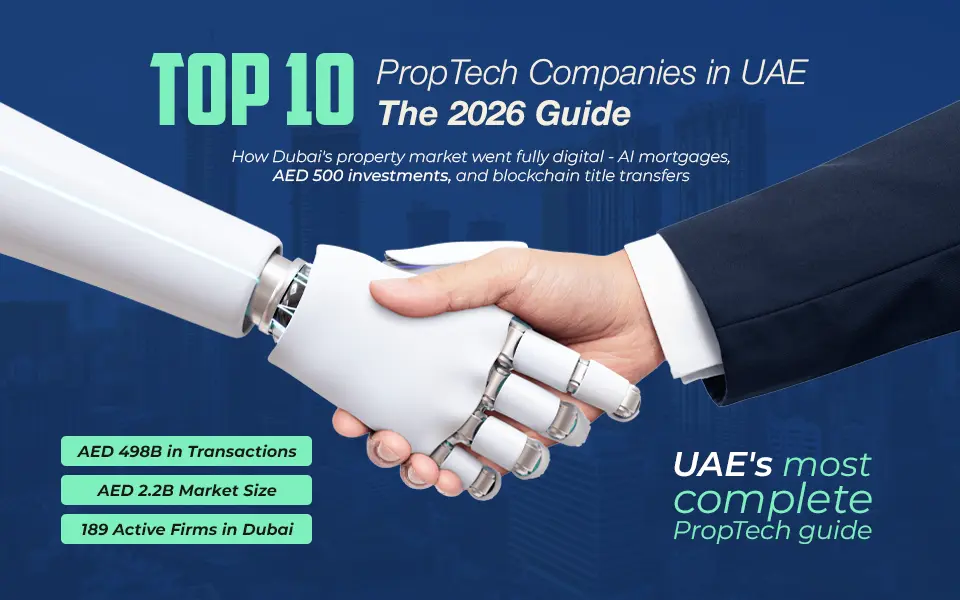 A robot and human handshake symbolizing the top 10 PropTech companies in UAE 2026 — where innovative real estate tech and property technology firms are transforming the UAE market.