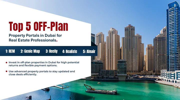 Top 5 off-plan property portals in Dubai for real estate professionals, with a Dubai Marina skyline view, highlighting investment opportunities.