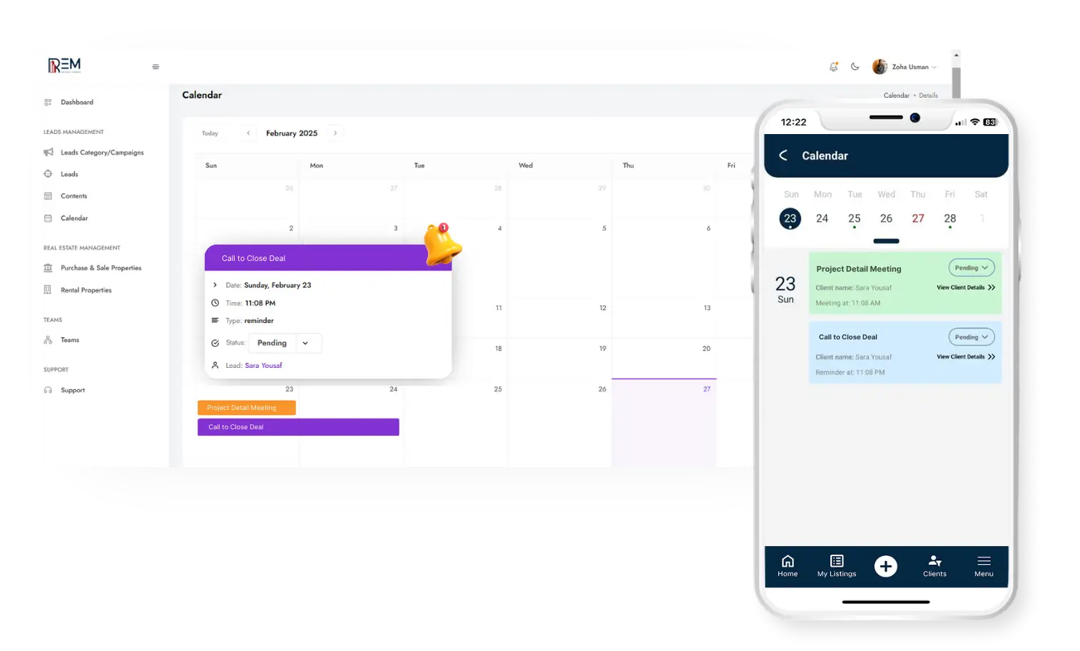 REM CRM calendar on desktop and mobile showing scheduled tasks like 'Call to Close Deal' with client details.