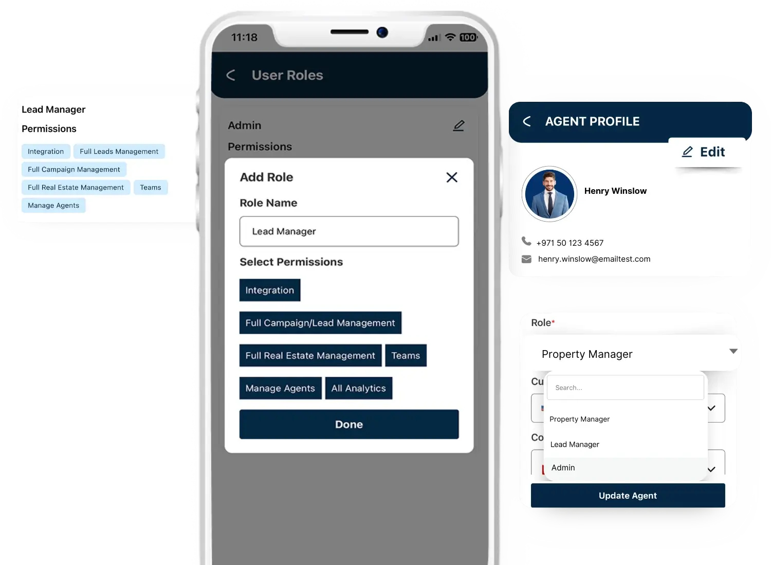 REM CRM on mobile and desktop showing user role management. Mobile view displays 'Add Role' form with custom permissions, while desktop shows agent profile of Henry Winslow with role selection options.