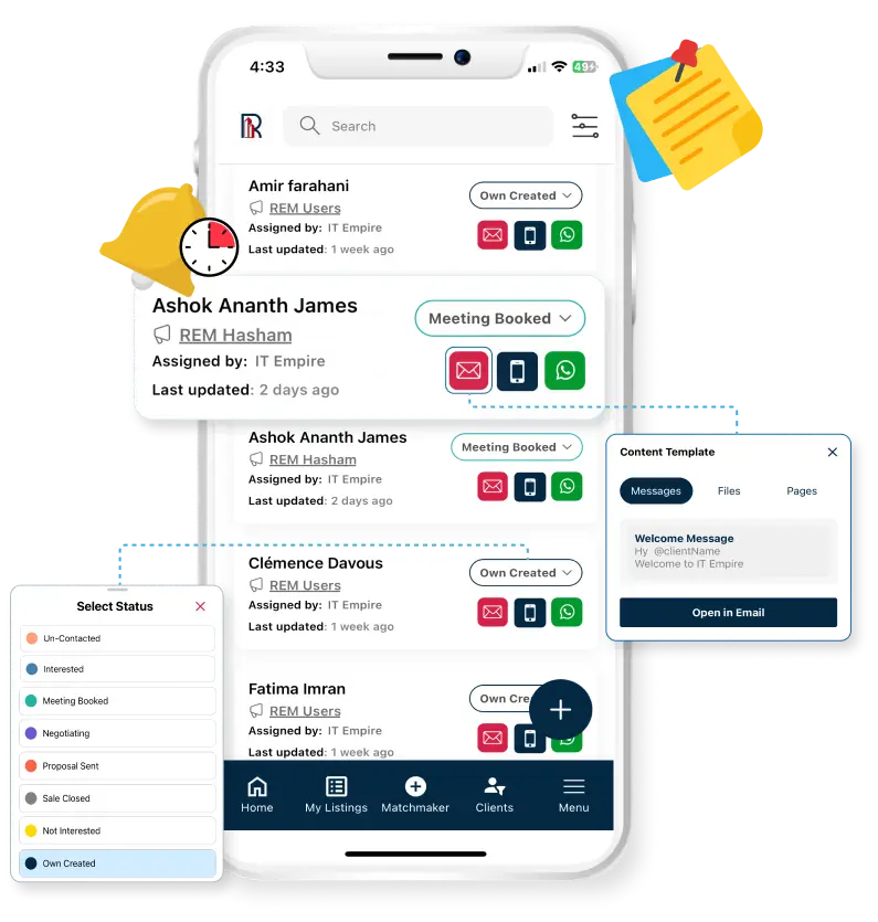 Mobile CRM screen for real estate lead management, showing lead statuses, contact options, and an email template popup. Includes status selector and bottom navigation tabs for quick access.