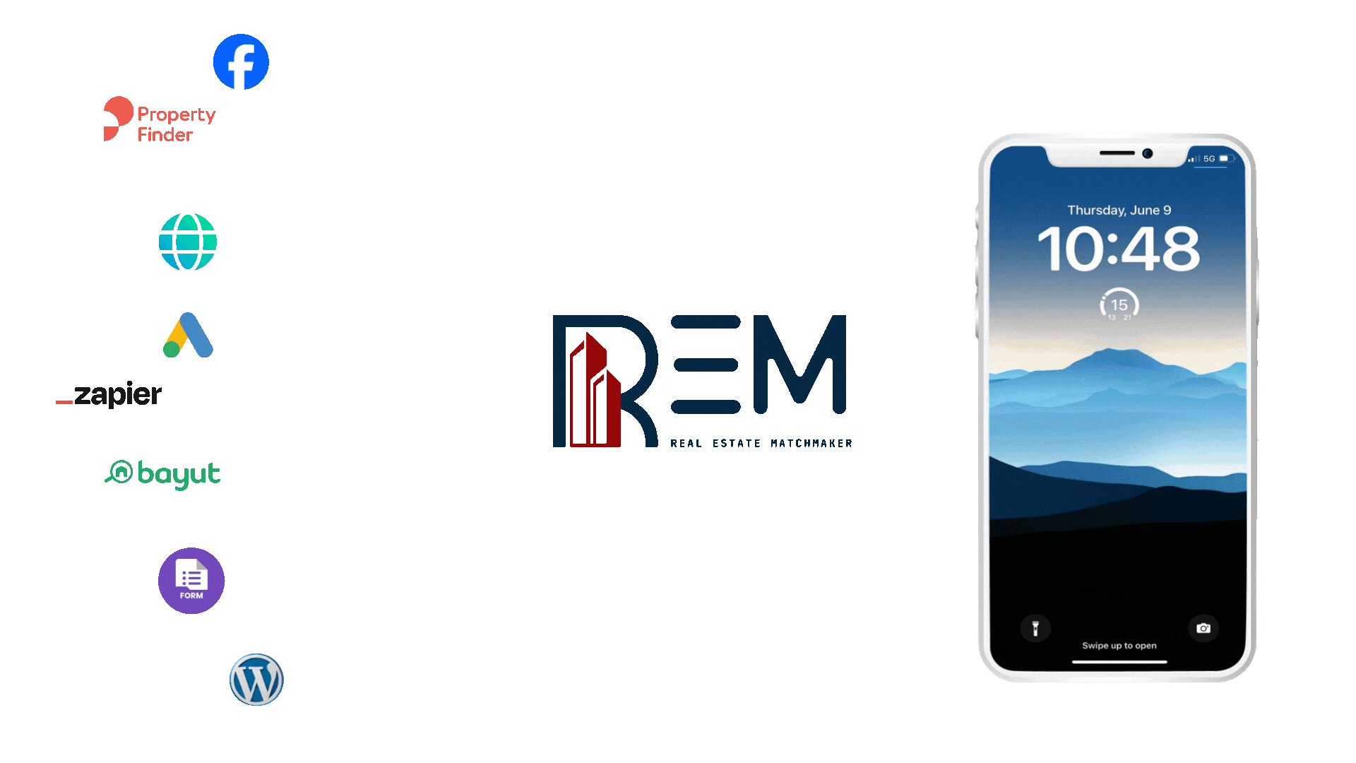 REM app on phone with integration logos (Facebook, Bayut, Google Ads, Zapier, WordPress) against a mountain backdrop.