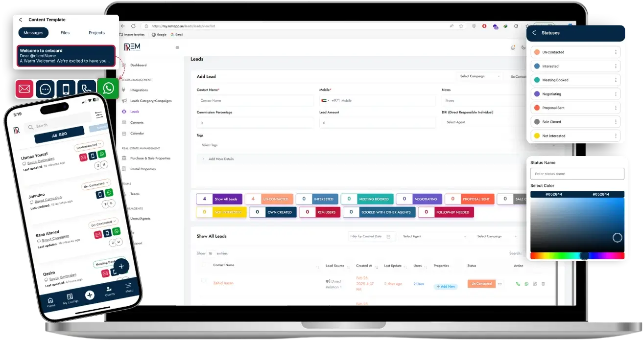 Split-screen view of a lead management platform: mobile lead list with contact options and web dashboard with lead details, status controls, and filters.