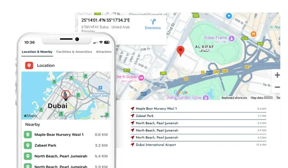 Map view of Dubai showing nearby landmarks and distances on mobile and desktop screens for real estate location tracking.
