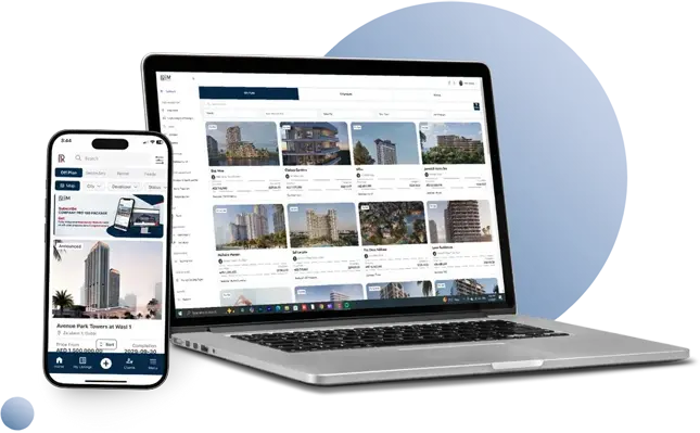 REM CRM platform displayed on a laptop and smartphone, showing AI-powered real estate property listings and lead management dashboard for agents in Dubai.