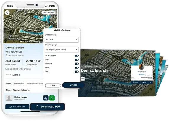 Mobile view of a Damac Islands property listing in Dubai with price, completion date, agent contact, visibility settings, and download options.