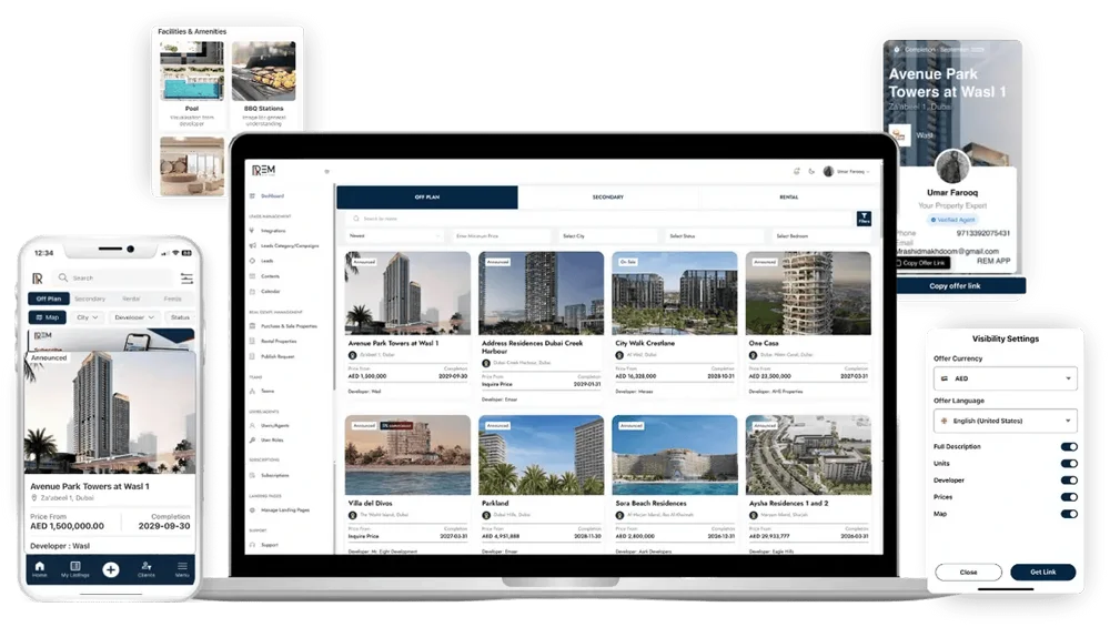REM CRM interface shown across laptop and mobile devices, displaying off-plan real estate listings, agent profiles, visibility settings, and AI-powered property management tools for Dubai agents.