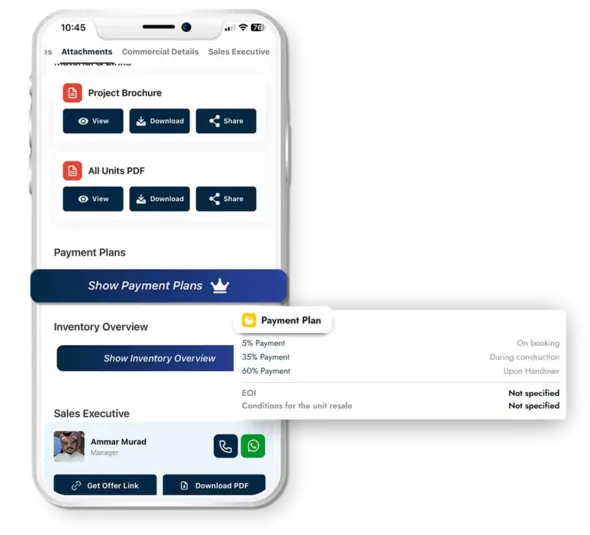 Mobile view showing brochure download options, payment plan breakdown, inventory overview, and sales executive contact.