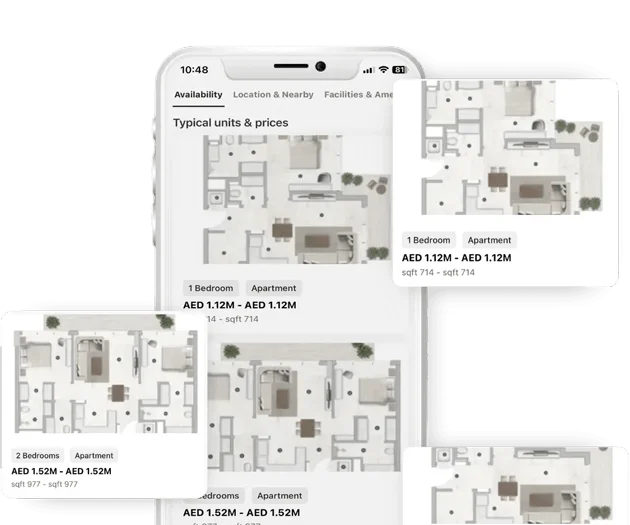 Mobile screen showing unit types with floor plans, prices in AED, and size details.