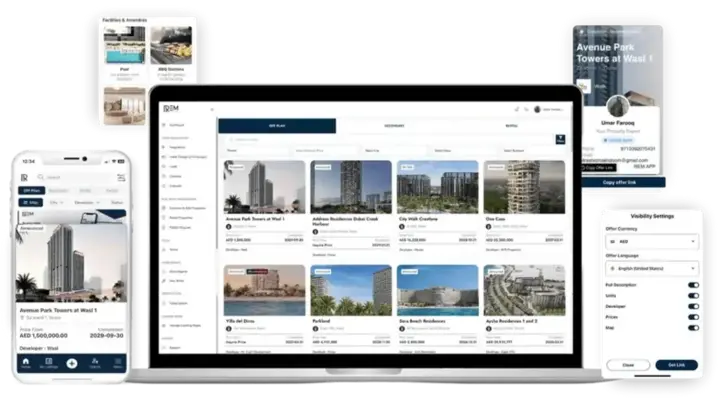 REM's real estate platform displayed on mobile, tablet, and laptop with off-plan property listings.