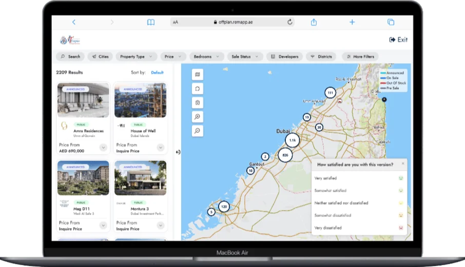 MacBook Air displaying a real estate website with property listings on the left and an interactive map of Dubai and surrounding areas on the right, showing clustered location markers and a satisfaction feedback pop-up.