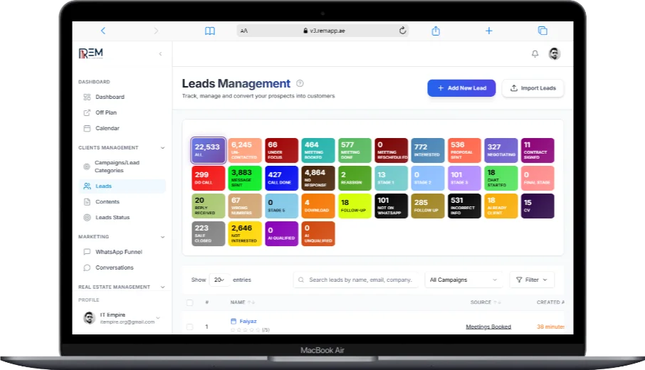MacBook Air screen showing a ‘Leads Management’ dashboard with colorful status cards summarizing lead stages and counts, buttons to add or import new leads, a left sidebar navigation menu, and a searchable table of leads displayed below.