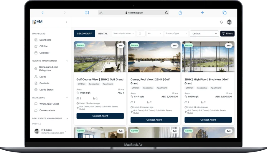 REM CRM dashboard showing secondary property listings with images, prices, area details, filters, and contact agent buttons on a laptop screen.