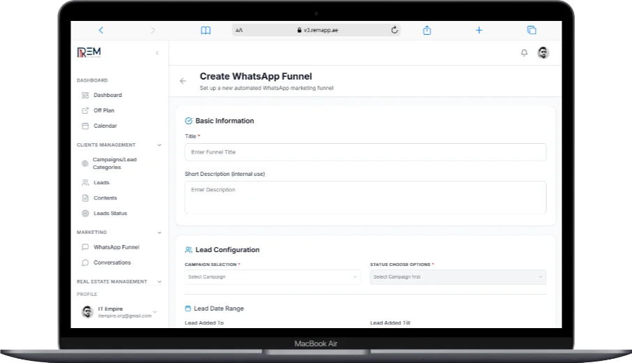Laptop screen displaying a web dashboard titled ‘Create WhatsApp Funnel,’ showing a form with sections for Basic Information and Lead Configuration, a left sidebar menu with dashboard and campaign options, and the interface viewed on a MacBook Air.