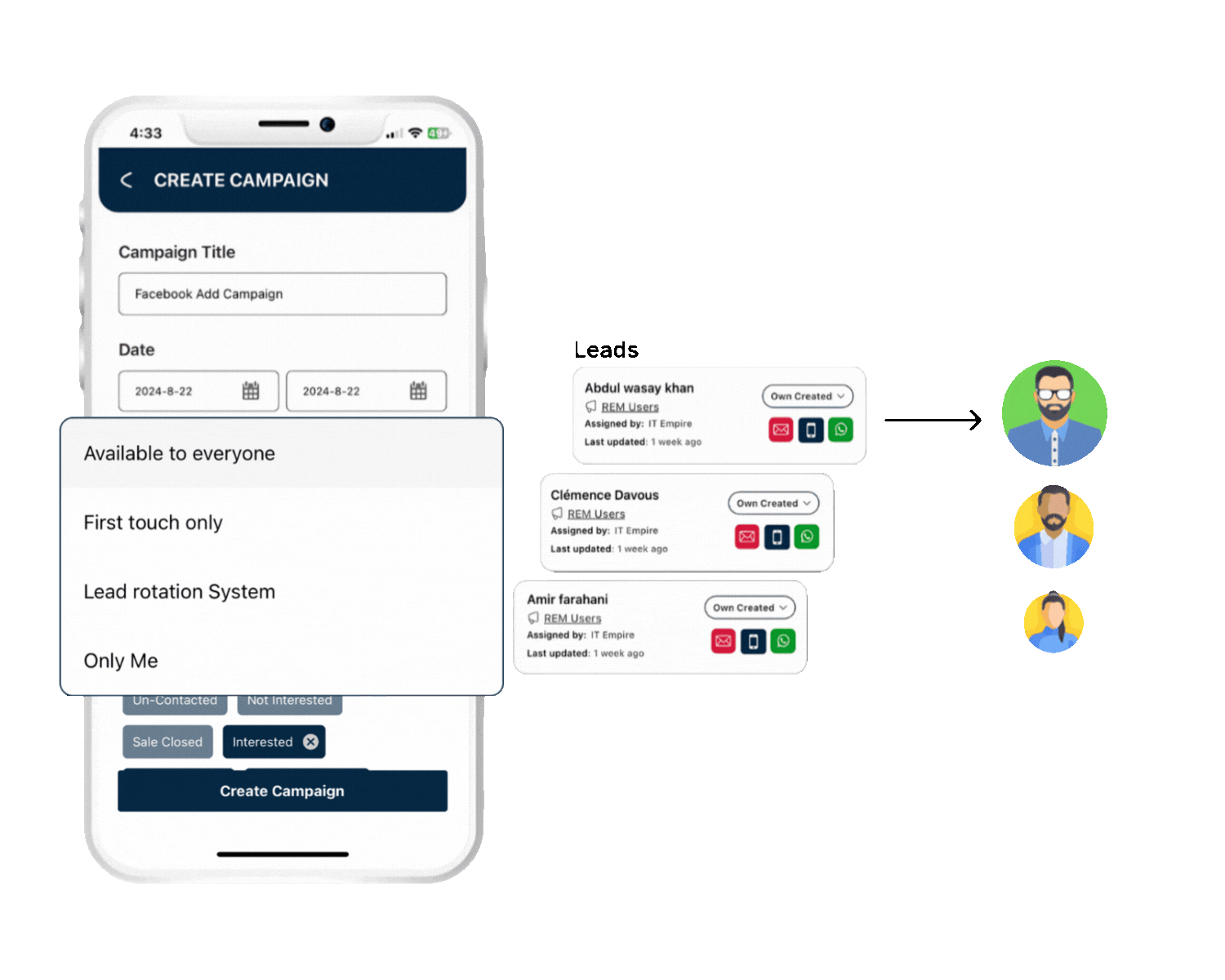 Mobile screen showing campaign creation with lead assignment options and visual lead distribution to team members via rotation system.